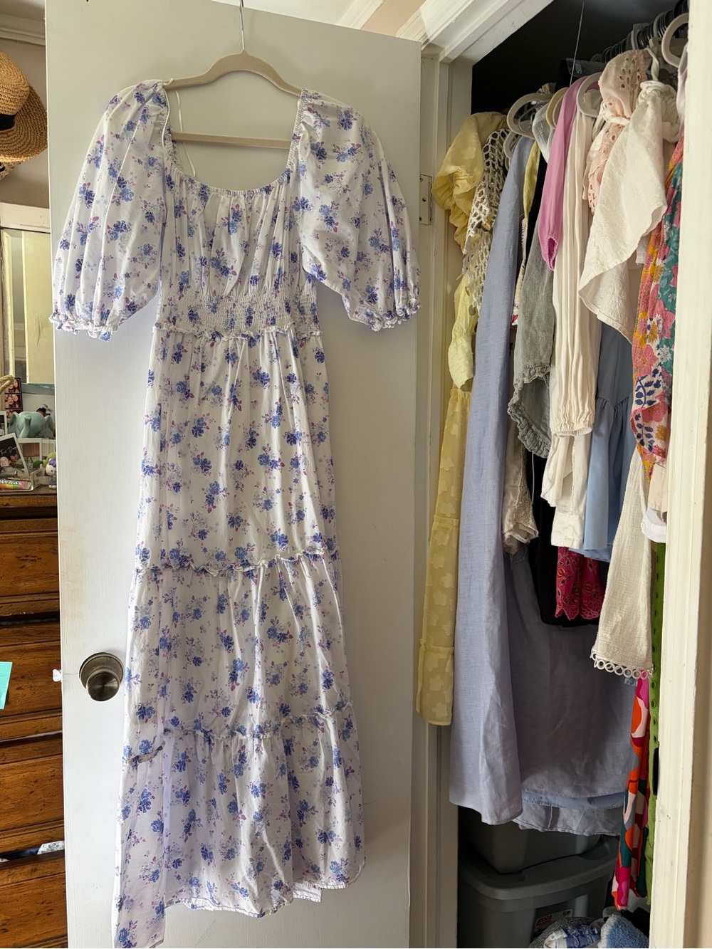 LoveShackFancy White Maxi Dress with Blue Floral Print and Puff Sleeves